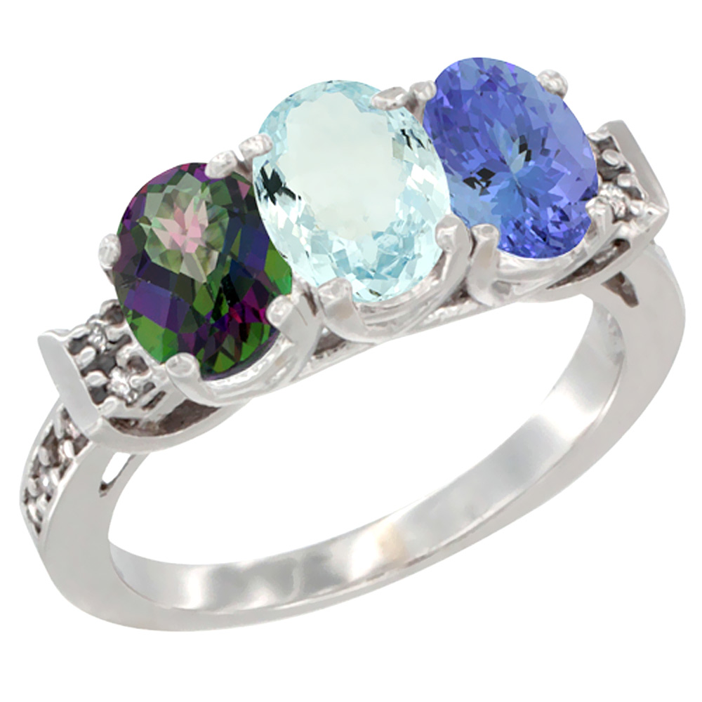 14K White Gold Natural Mystic Topaz, Aquamarine & Tanzanite Ring 3-Stone Oval 7x5 mm Diamond Accent, sizes 5 - 10