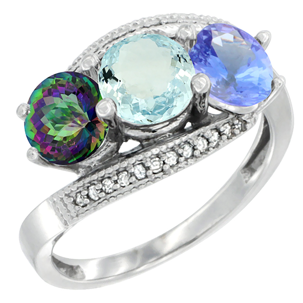 10K White Gold Natural Mystic Topaz, Aquamarine &amp; Tanzanite 3 stone Ring Round 6mm Diamond Accent, sizes 5 - 10