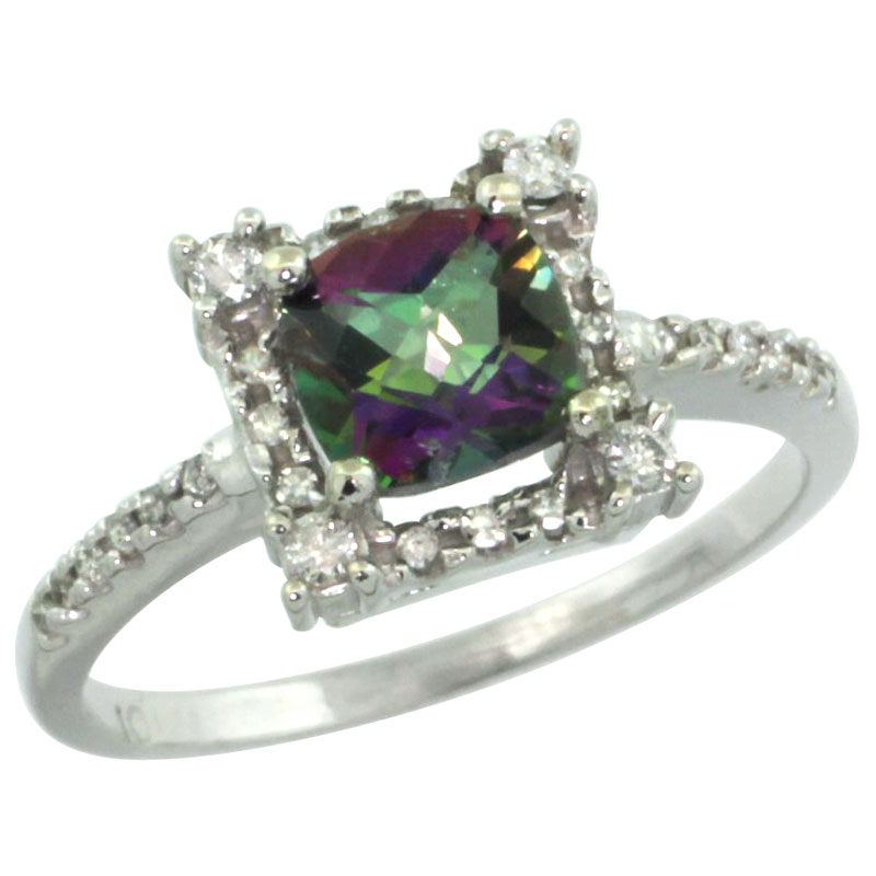 14K White Gold Natural Mystic Topaz Ring Cushion-cut 6x6mm Diamond Halo, sizes 5-10