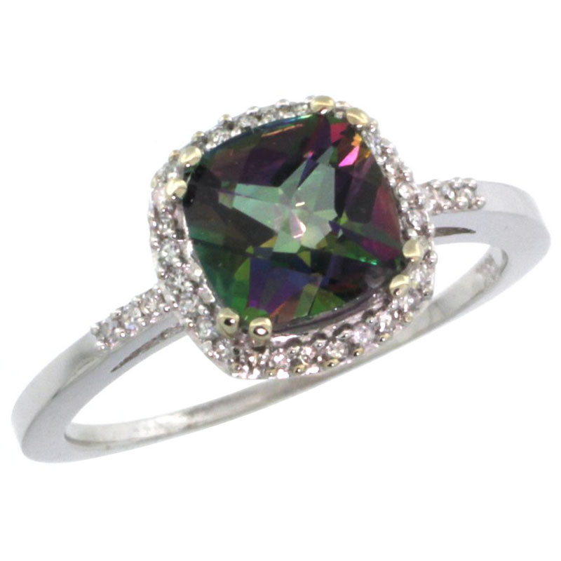 14K White Gold Natural Diamond Mystic Topaz Ring Cushion-cut 7x7mm, sizes 5-10