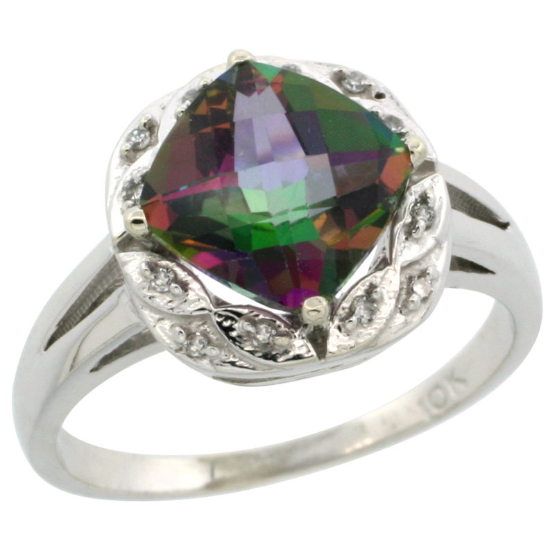 14K White Gold Natural Mystic Topaz Ring Cushion-cut 8x8mm Diamond Halo, sizes 5-10