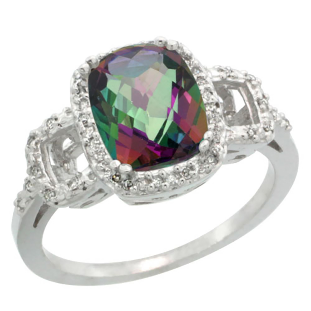 10K White Gold Natural Diamond Mystic Topaz Ring Cushion-cut 9x7mm, sizes 5-10