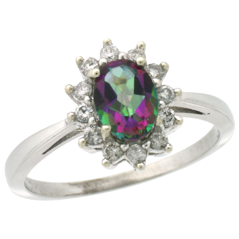 14K White Gold Natural Mystic Topaz Engagement Ring Oval 7x5mm Diamond Halo, sizes 5-10