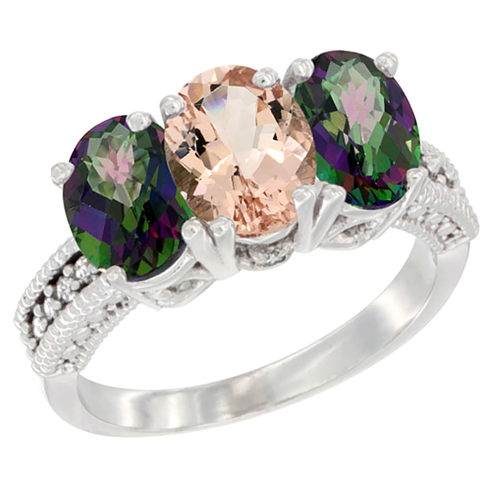 10K White Gold Natural Morganite & Mystic Topaz Sides Ring 3-Stone Oval 7x5 mm Diamond Accent, sizes 5 - 10