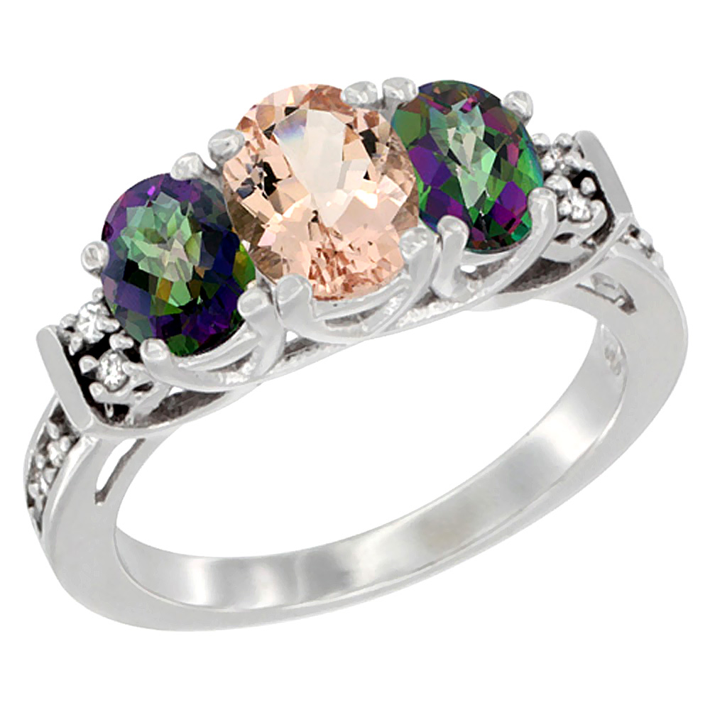 14K White Gold Natural Morganite & Mystic Topaz Ring 3-Stone Oval Diamond Accent, sizes 5-10