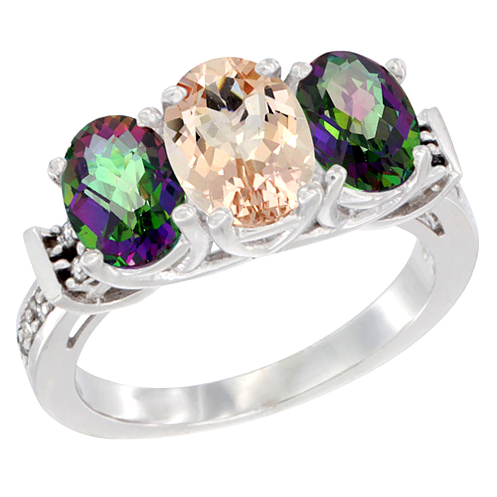 14K White Gold Natural Morganite & Mystic Topaz Sides Ring 3-Stone Oval Diamond Accent, sizes 5 - 10