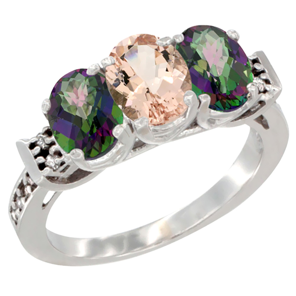 10K White Gold Natural Morganite & Mystic Topaz Sides Ring 3-Stone Oval 7x5 mm Diamond Accent, sizes 5 - 10