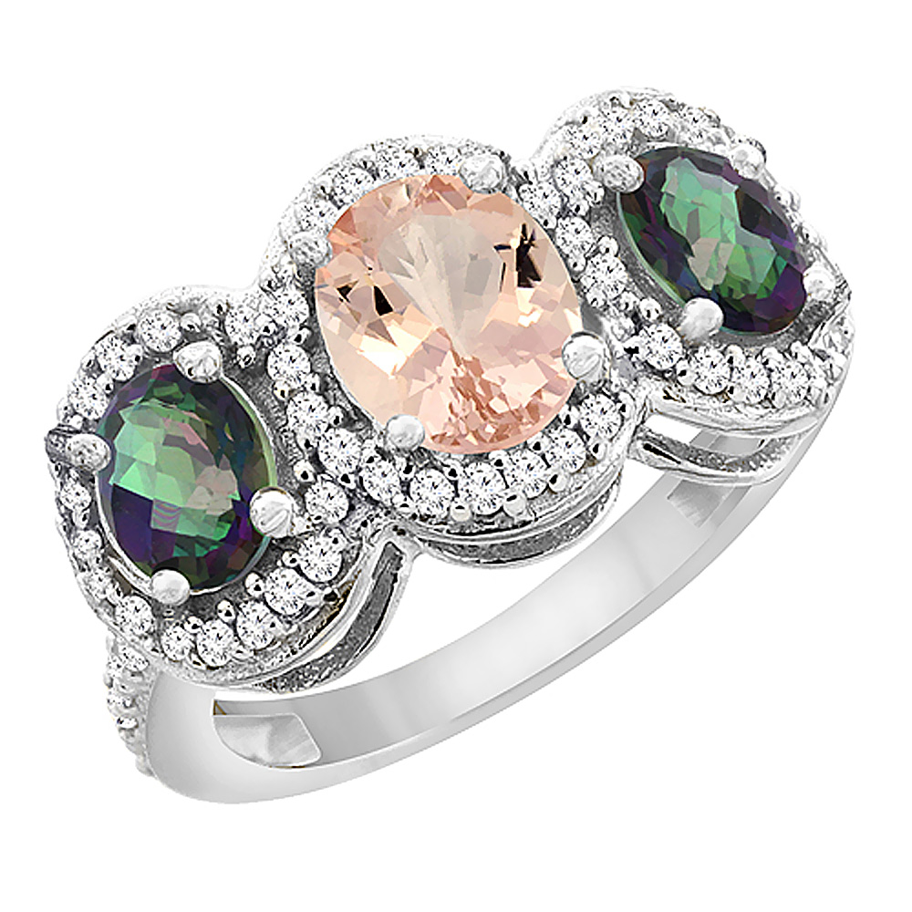 14K White Gold Natural Morganite & Mystic Topaz 3-Stone Ring Oval Diamond Accent, sizes 5 - 10