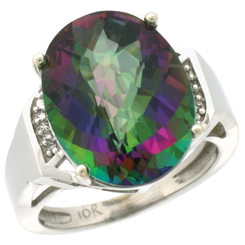 10K White Gold Natural Diamond Mystic Topaz Ring Oval 16x12mm, sizes 5-10