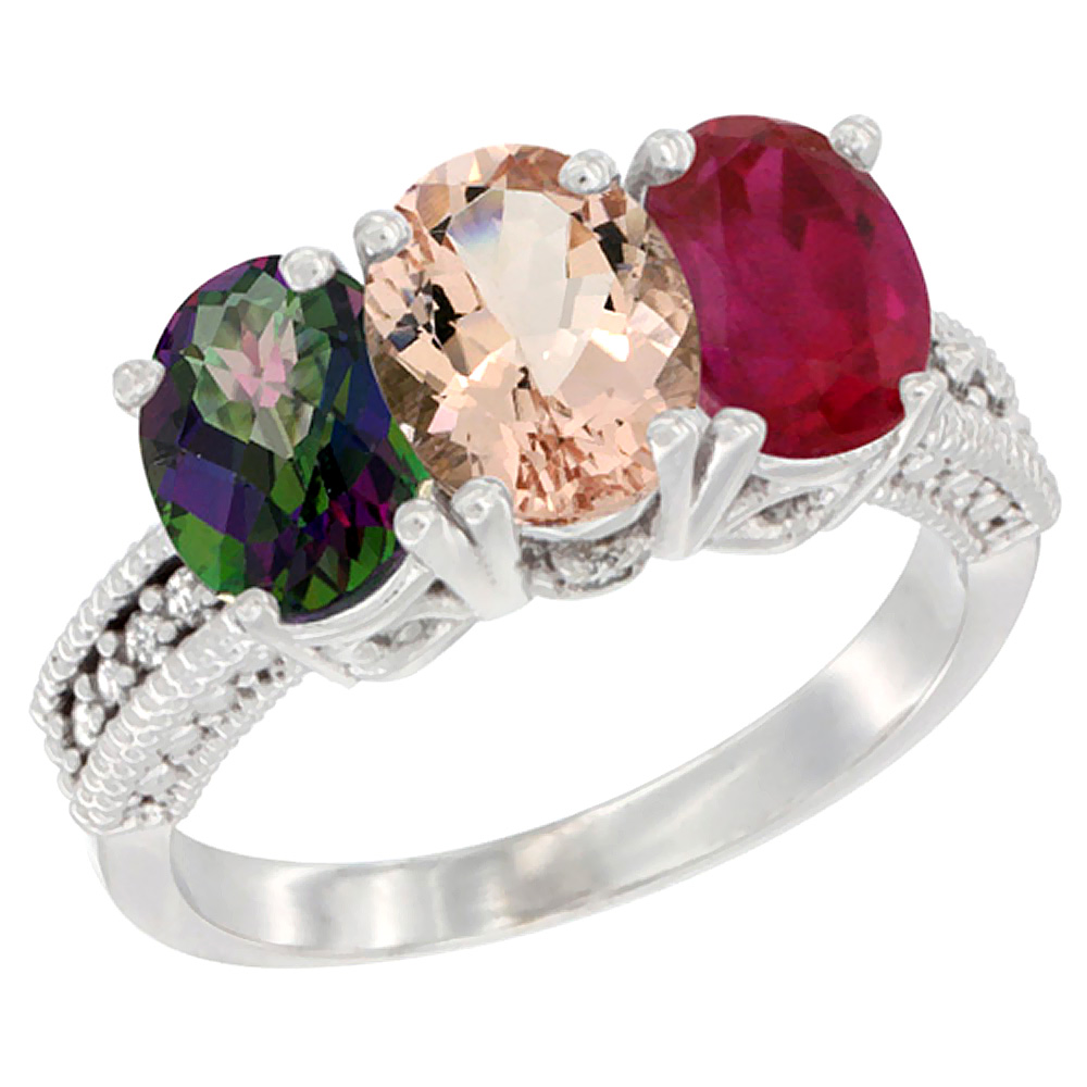 10K White Gold Natural Mystic Topaz, Morganite & Enhanced Ruby Ring 3-Stone Oval 7x5 mm Diamond Accent, sizes 5 - 10