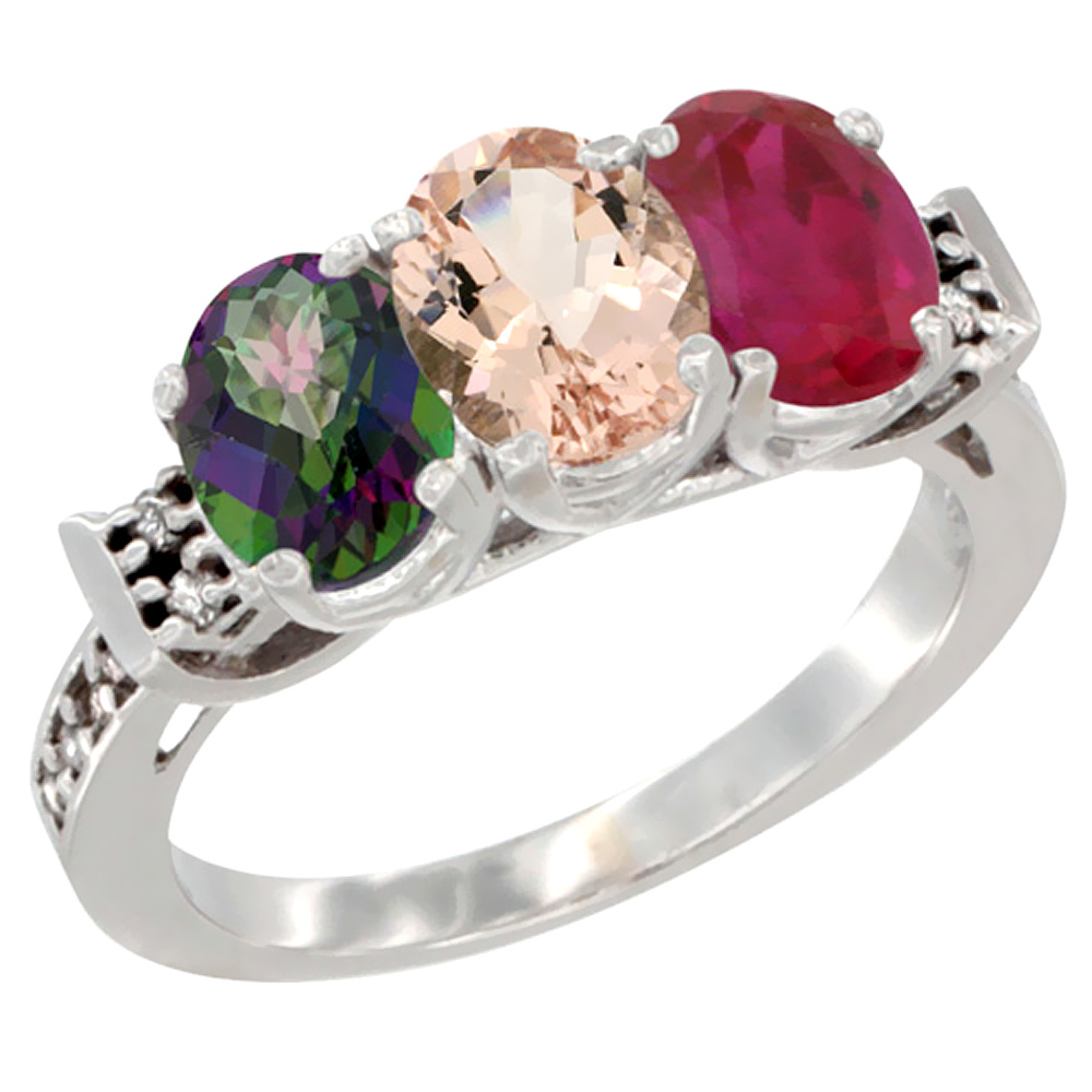 10K White Gold Natural Mystic Topaz, Morganite & Enhanced Ruby Ring 3-Stone Oval 7x5 mm Diamond Accent, sizes 5 - 10