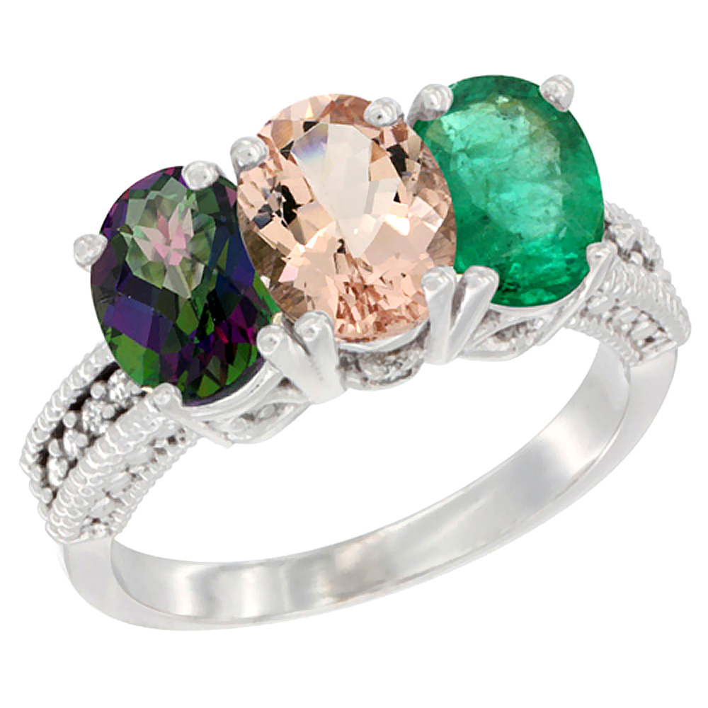 14K White Gold Natural Mystic Topaz, Morganite & Emerald Ring 3-Stone 7x5 mm Oval Diamond Accent, sizes 5 - 10