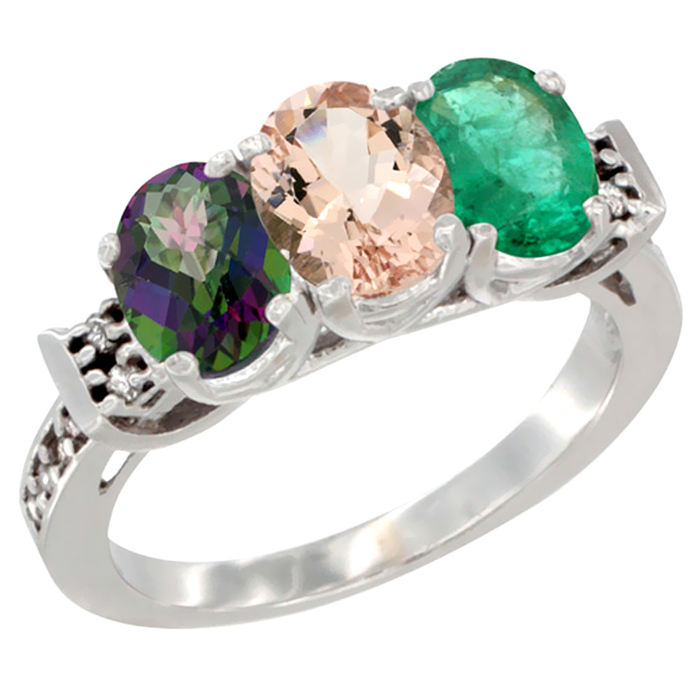 14K White Gold Natural Mystic Topaz, Morganite & Emerald Ring 3-Stone Oval 7x5 mm Diamond Accent, sizes 5 - 10