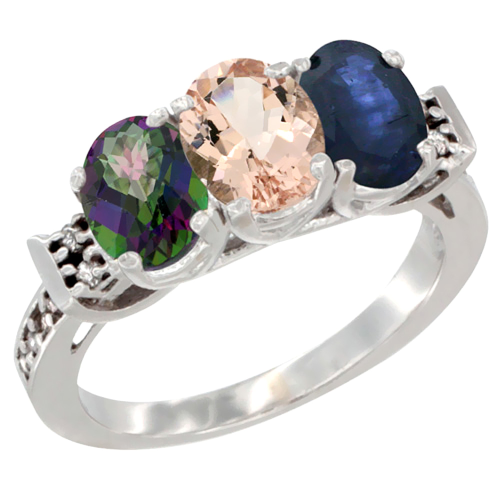 14K White Gold Natural Mystic Topaz, Morganite & Blue Sapphire Ring 3-Stone Oval 7x5 mm Diamond Accent, sizes 5 - 10