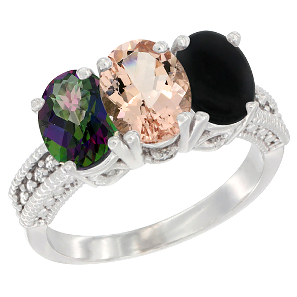 14K White Gold Natural Mystic Topaz, Morganite & Black Onyx Ring 3-Stone 7x5 mm Oval Diamond Accent, sizes 5 - 10