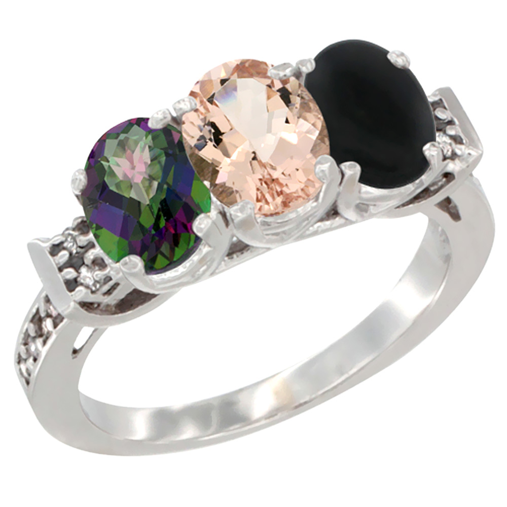 14K White Gold Natural Mystic Topaz, Morganite &amp; Black Onyx Ring 3-Stone Oval 7x5 mm Diamond Accent, sizes 5 - 10