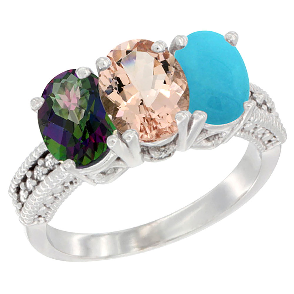 14K White Gold Natural Mystic Topaz, Morganite & Turquoise Ring 3-Stone 7x5 mm Oval Diamond Accent, sizes 5 - 10