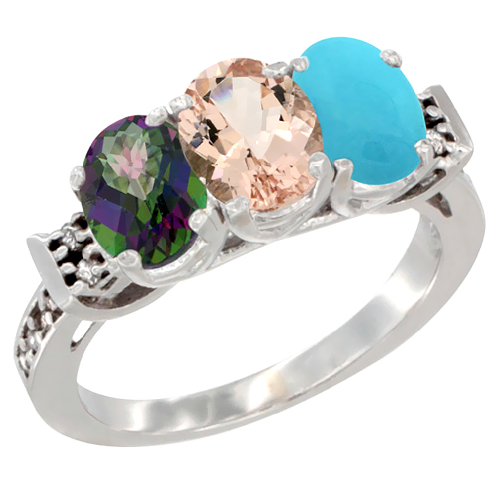 10K White Gold Natural Mystic Topaz, Morganite & Turquoise Ring 3-Stone Oval 7x5 mm Diamond Accent, sizes 5 - 10