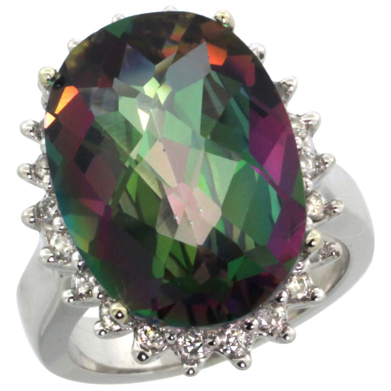 10k White Gold Diamond Halo Natural Mystic Topaz Ring Large Oval 18x13mm, sizes 5-10