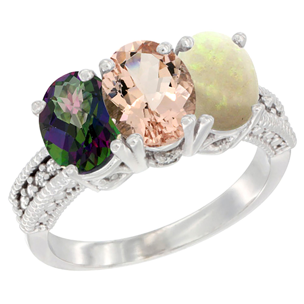 14K White Gold Natural Mystic Topaz, Morganite & Opal Ring 3-Stone 7x5 mm Oval Diamond Accent, sizes 5 - 10