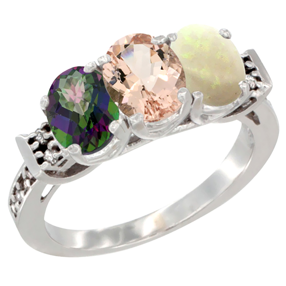 10K White Gold Natural Mystic Topaz, Morganite & Opal Ring 3-Stone Oval 7x5 mm Diamond Accent, sizes 5 - 10