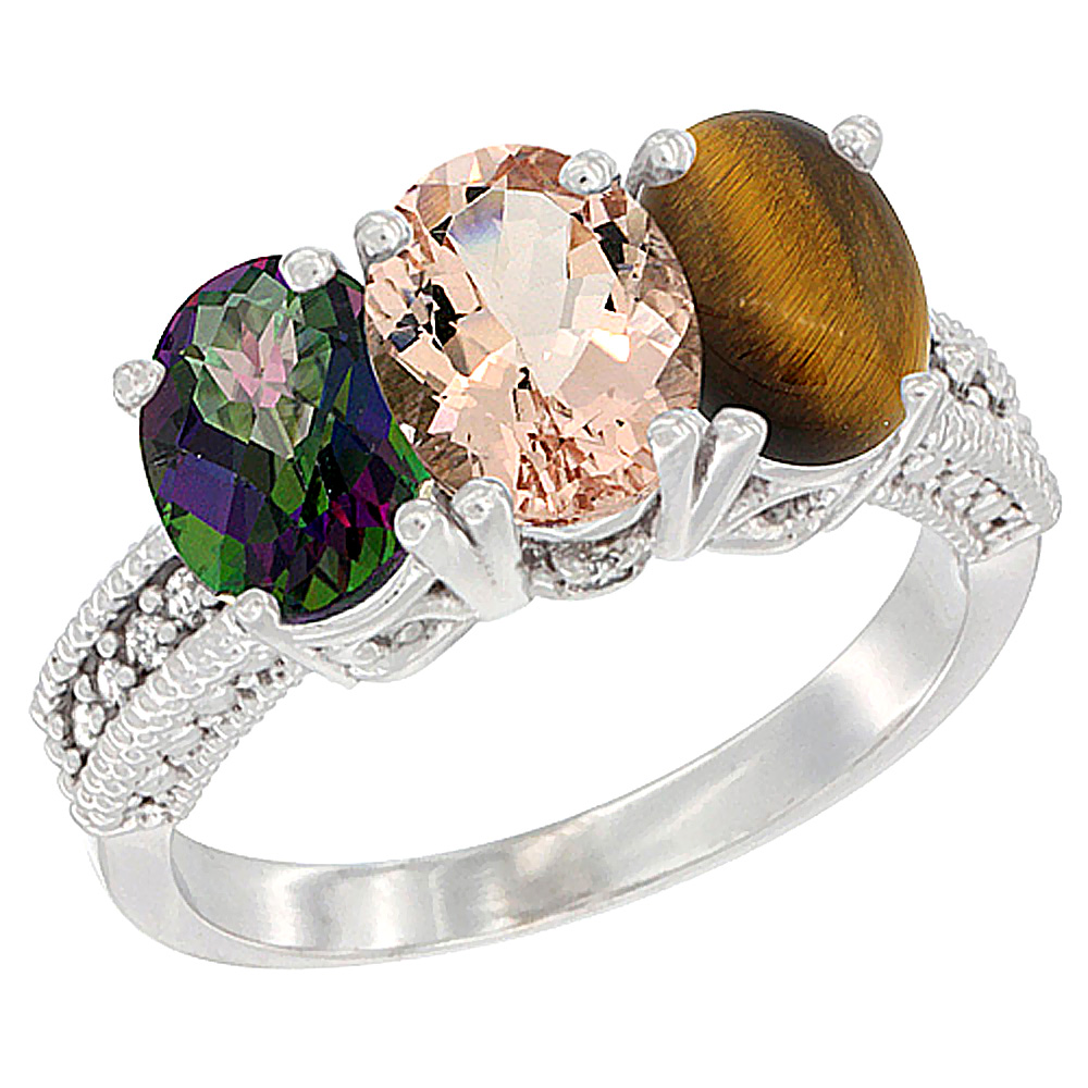 10K White Gold Natural Mystic Topaz, Morganite & Tiger Eye Ring 3-Stone Oval 7x5 mm Diamond Accent, sizes 5 - 10