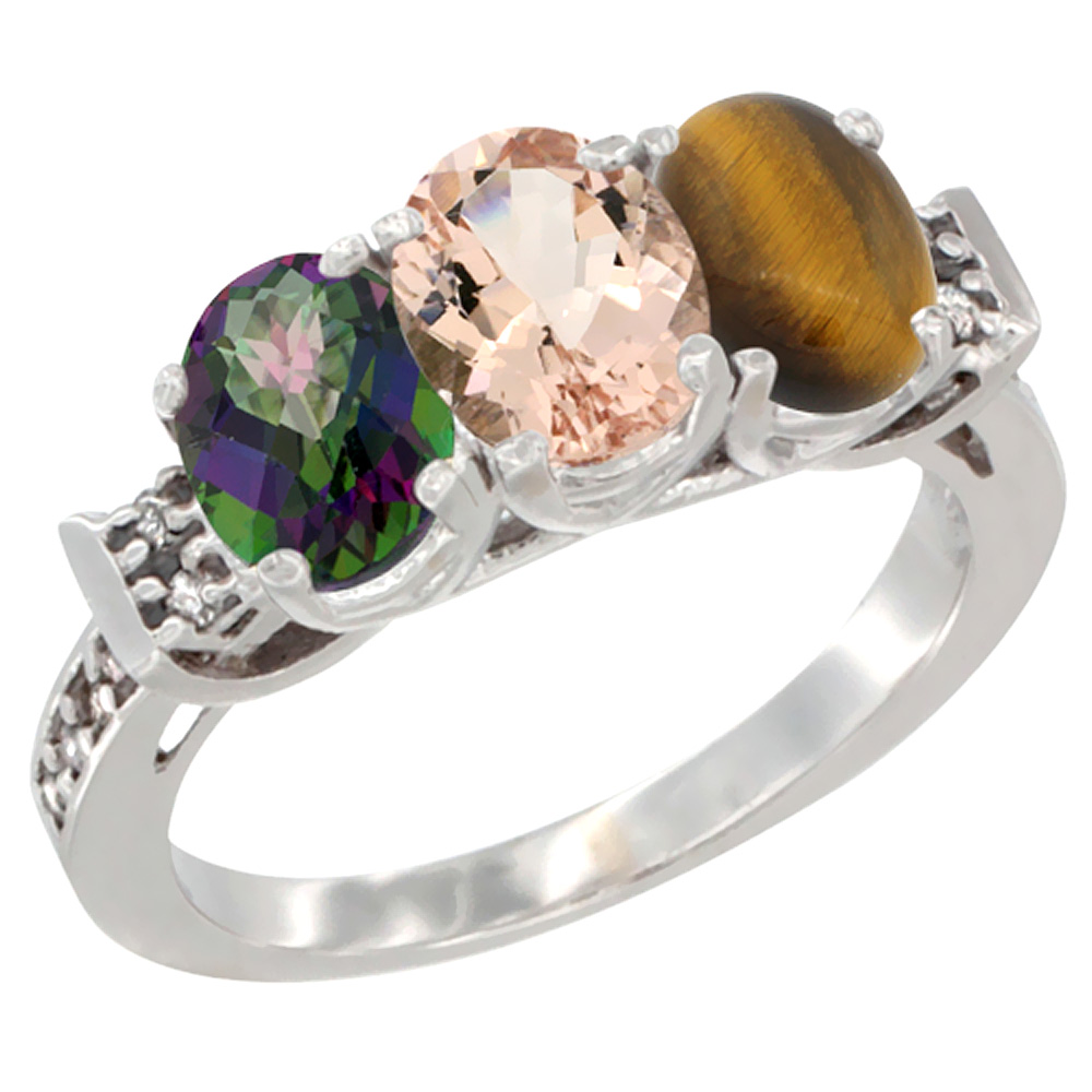 10K White Gold Natural Mystic Topaz, Morganite & Tiger Eye Ring 3-Stone Oval 7x5 mm Diamond Accent, sizes 5 - 10