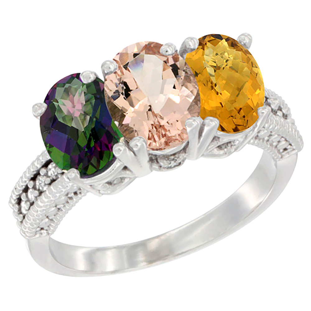 10K White Gold Natural Mystic Topaz, Morganite & Whisky Quartz Ring 3-Stone Oval 7x5 mm Diamond Accent, sizes 5 - 10