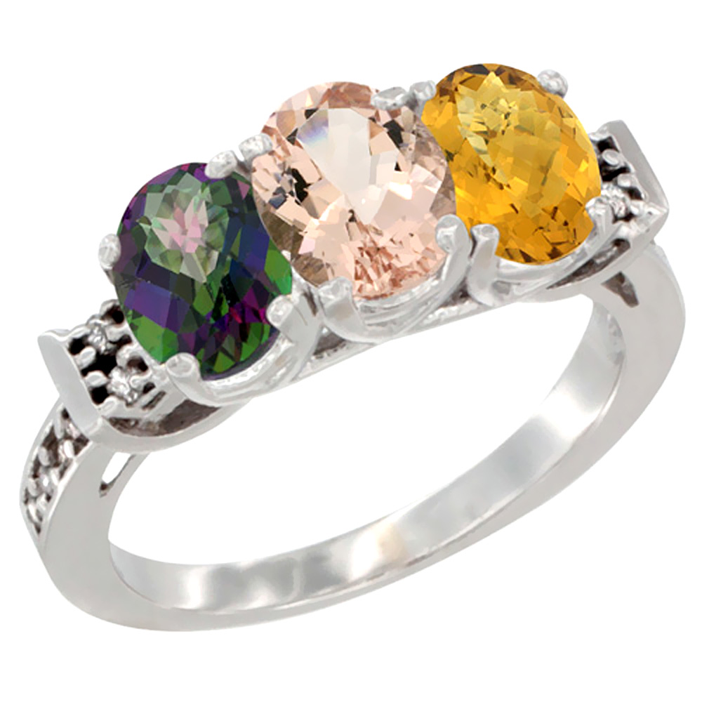 14K White Gold Natural Mystic Topaz, Morganite &amp; Whisky Quartz Ring 3-Stone Oval 7x5 mm Diamond Accent, sizes 5 - 10