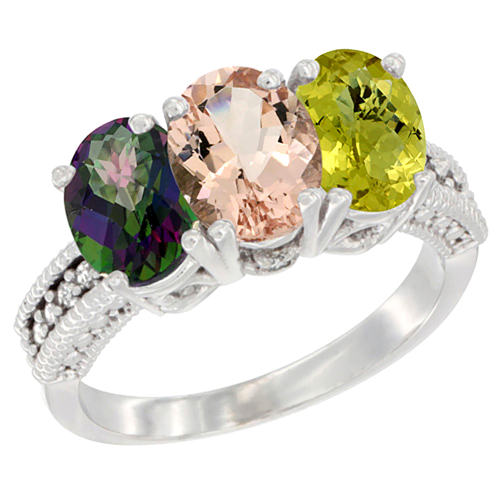 14K White Gold Natural Mystic Topaz, Morganite & Lemon Quartz Ring 3-Stone 7x5 mm Oval Diamond Accent, sizes 5 - 10