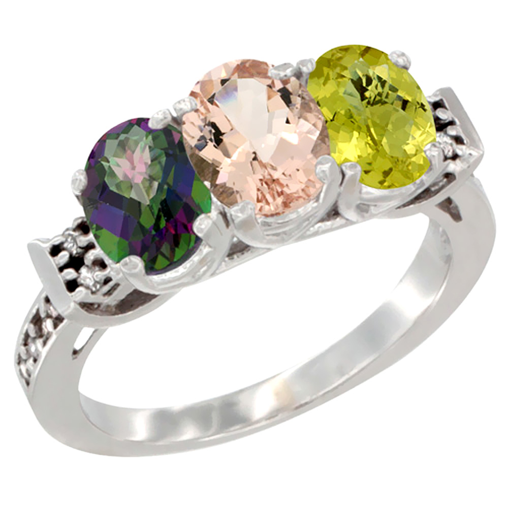 14K White Gold Natural Mystic Topaz, Morganite & Lemon Quartz Ring 3-Stone Oval 7x5 mm Diamond Accent, sizes 5 - 10