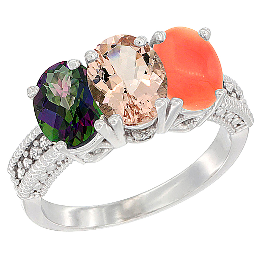 14K White Gold Natural Mystic Topaz, Morganite &amp; Coral Ring 3-Stone 7x5 mm Oval Diamond Accent, sizes 5 - 10