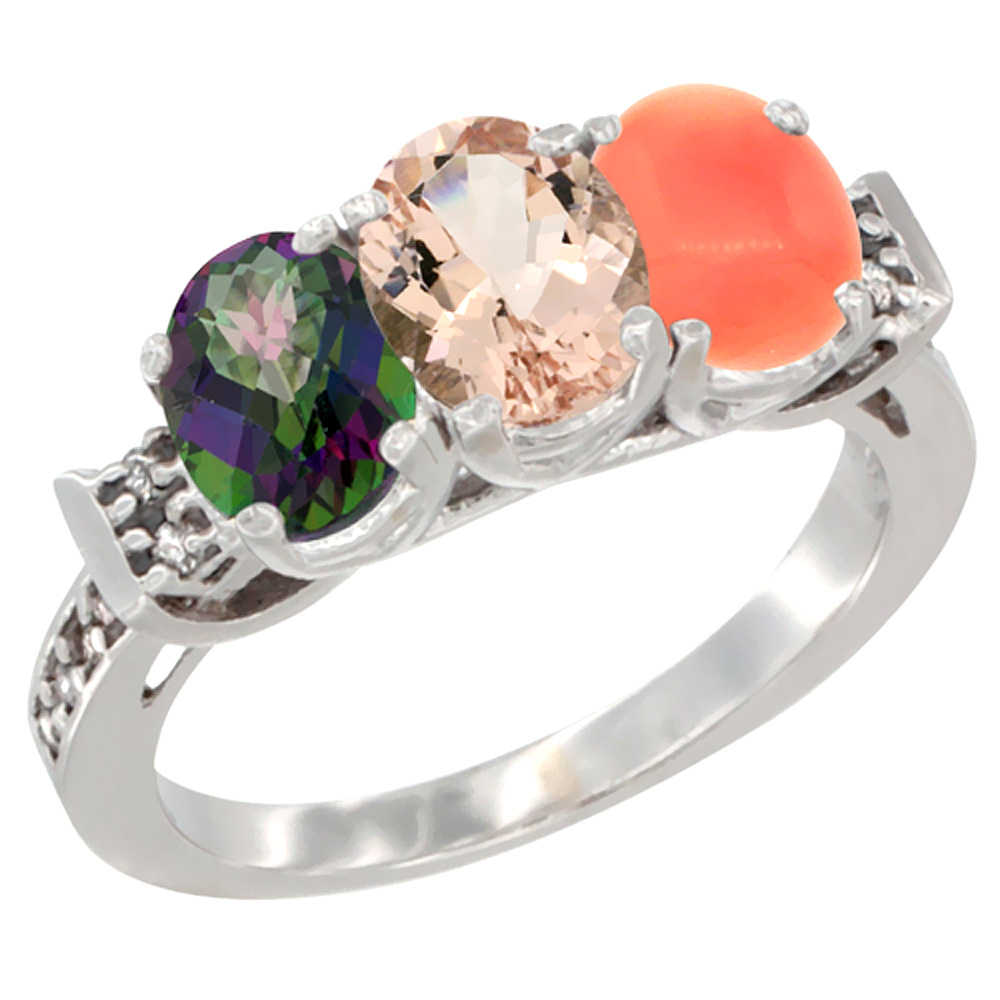 14K White Gold Natural Mystic Topaz, Morganite & Coral Ring 3-Stone Oval 7x5 mm Diamond Accent, sizes 5 - 10