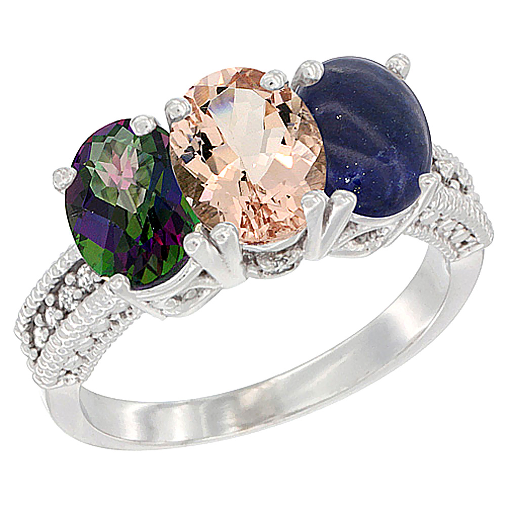 14K White Gold Natural Mystic Topaz, Morganite & Lapis Ring 3-Stone 7x5 mm Oval Diamond Accent, sizes 5 - 10