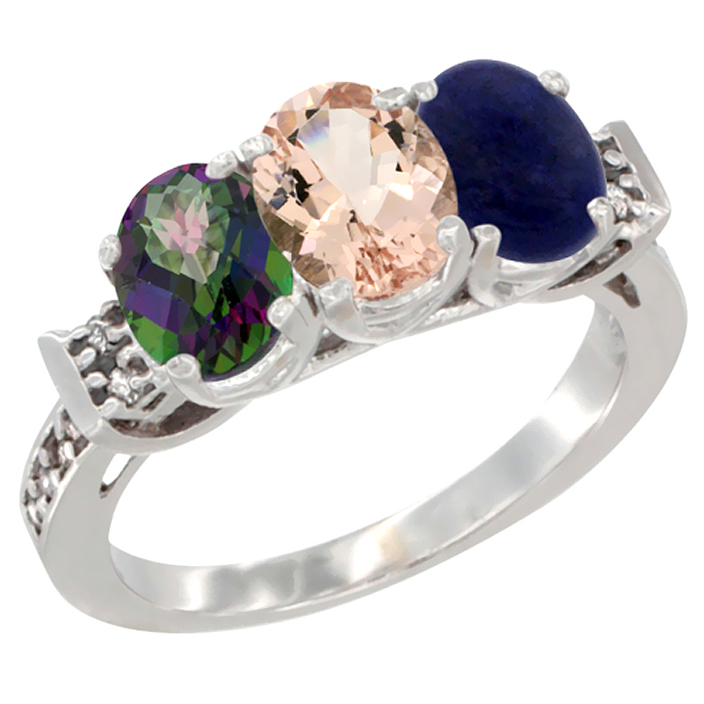 14K White Gold Natural Mystic Topaz, Morganite & Lapis Ring 3-Stone Oval 7x5 mm Diamond Accent, sizes 5 - 10