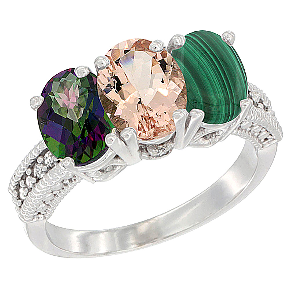 14K White Gold Natural Mystic Topaz, Morganite & Malachite Ring 3-Stone 7x5 mm Oval Diamond Accent, sizes 5 - 10