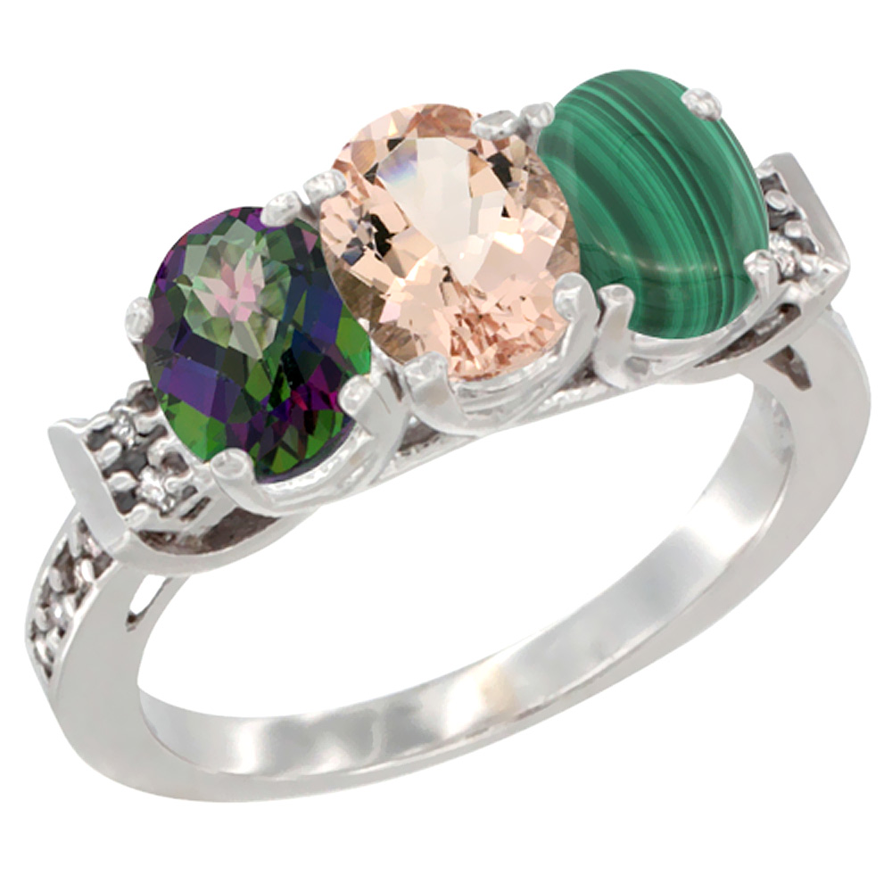 10K White Gold Natural Mystic Topaz, Morganite &amp; Malachite Ring 3-Stone Oval 7x5 mm Diamond Accent, sizes 5 - 10