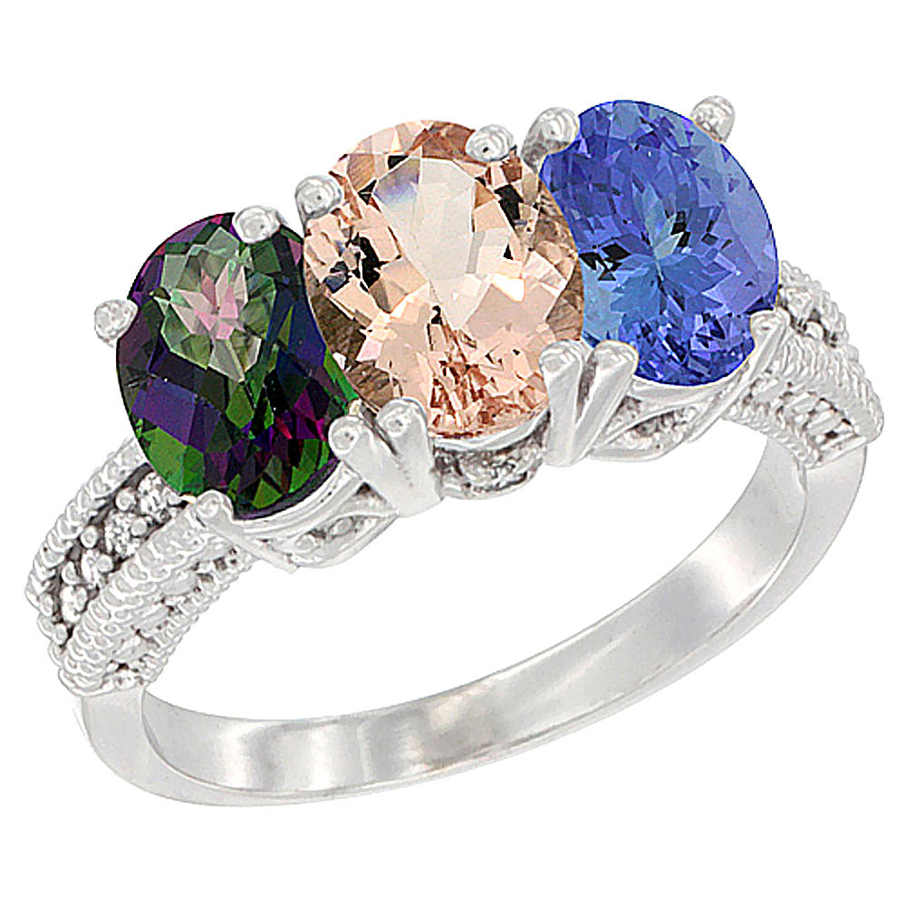 14K White Gold Natural Mystic Topaz, Morganite & Tanzanite Ring 3-Stone 7x5 mm Oval Diamond Accent, sizes 5 - 10