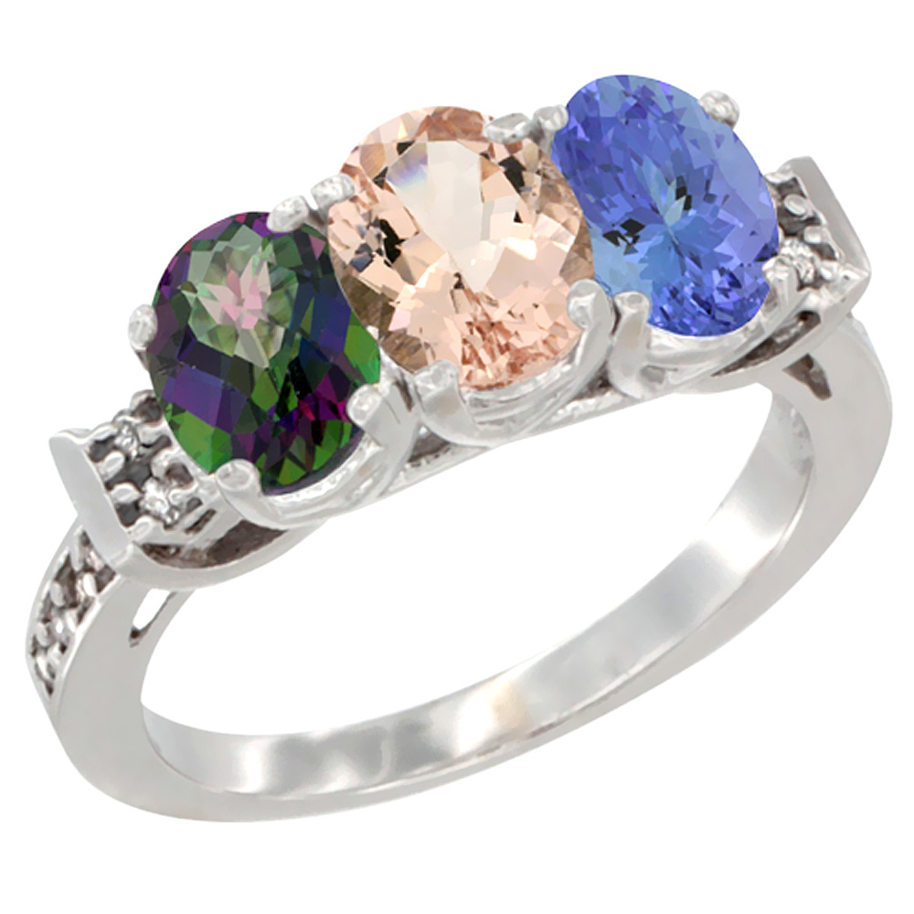 14K White Gold Natural Mystic Topaz, Morganite & Tanzanite Ring 3-Stone Oval 7x5 mm Diamond Accent, sizes 5 - 10