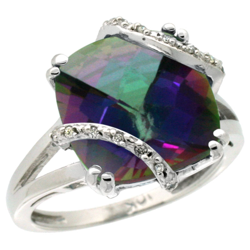 14K White Gold Natural Mystic Topaz Ring Cushion-cut 12x12mm Diamond Accent, sizes 5-10