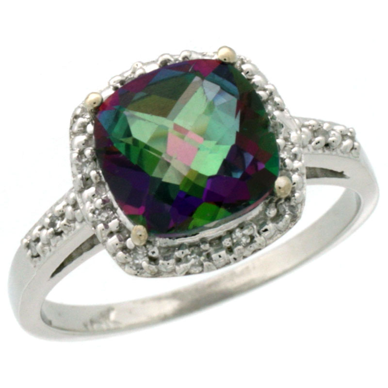 10K White Gold Diamond Natural Mystic Topaz Ring Cushion-cut 8x8 mm, sizes 5-10