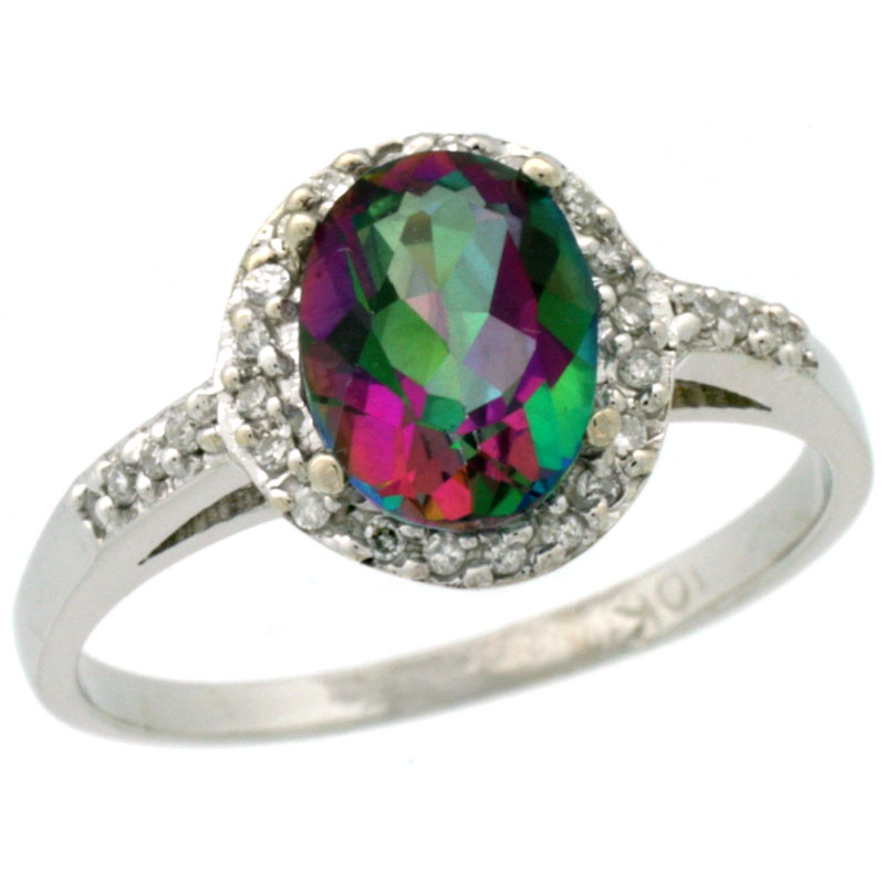 14K White Gold Natural Diamond Mystic Topaz Ring Oval 8x6mm, sizes 5-10