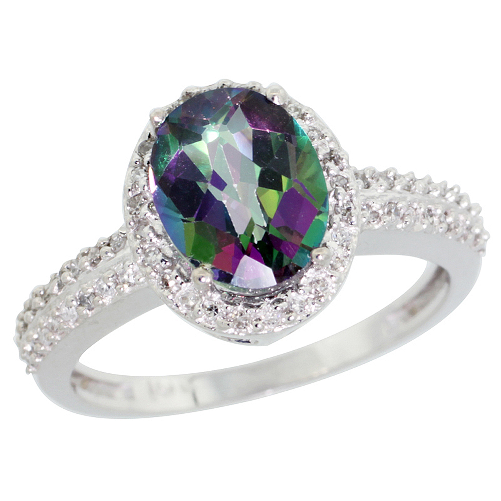 14K White Gold Natural Diamond Mystic Topaz Ring Oval 9x7mm, sizes 5-10