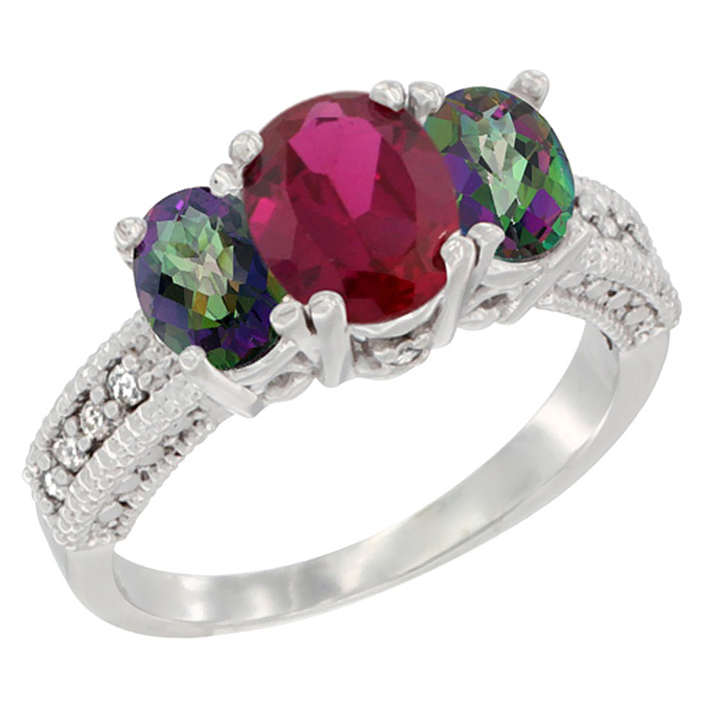 14K White Gold Diamond Quality Ruby 7x5mm &amp; 6x4mm Mystic Topaz Oval 3-stone Mothers Ring,size 5 - 10