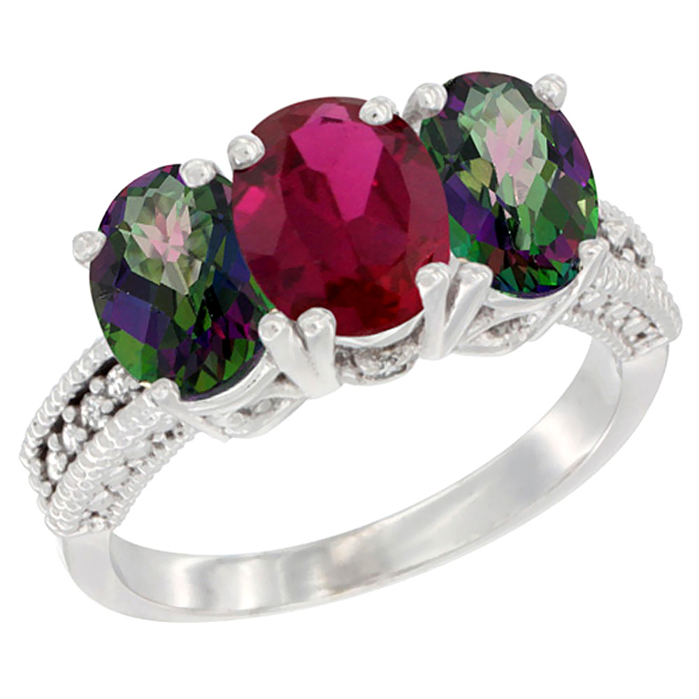 10K White Gold Enhanced Ruby & Natural Mystic Topaz Sides Ring 3-Stone Oval 7x5 mm Diamond Accent, sizes 5 - 10