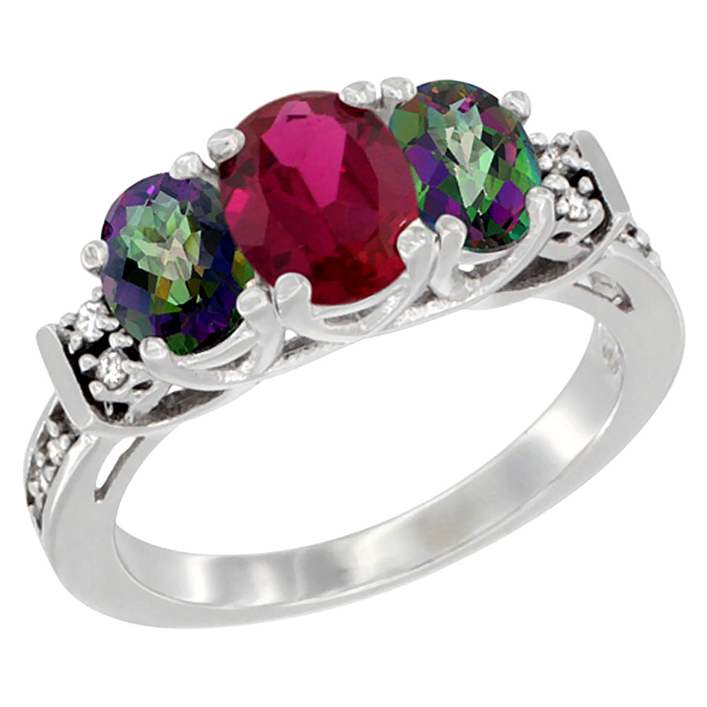 10K White Gold Enhanced Ruby & Natural Mystic Topaz Ring 3-Stone Oval Diamond Accent, sizes 5-10