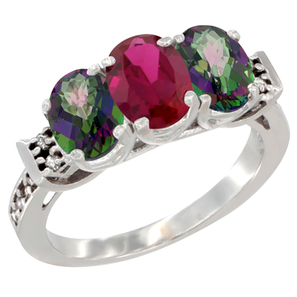 10K White Gold Enhanced Ruby & Natural Mystic Topaz Sides Ring 3-Stone Oval 7x5 mm Diamond Accent, sizes 5 - 10