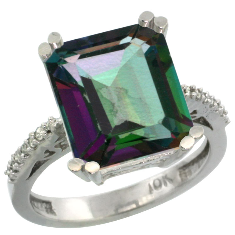 14K White Gold Natural Diamond Mystic Topaz Ring Emerald-cut 12x10mm, sizes 5-10