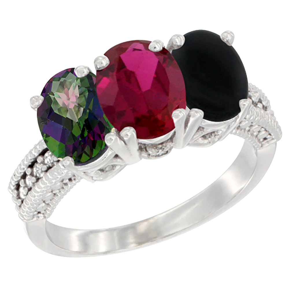 14K White Gold Natural Mystic Topaz, Enhanced Ruby &amp; Natural Black Onyx Ring 3-Stone 7x5 mm Oval Diamond Accent, sizes 5 - 10