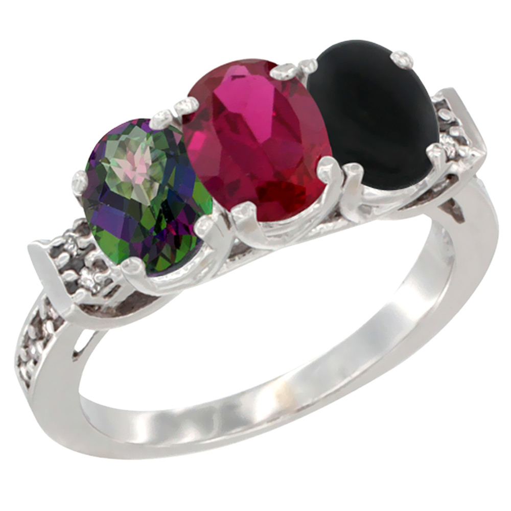 10K White Gold Natural Mystic Topaz, Enhanced Ruby & Natural Black Onyx Ring 3-Stone Oval 7x5 mm Diamond Accent, sizes 5 - 10